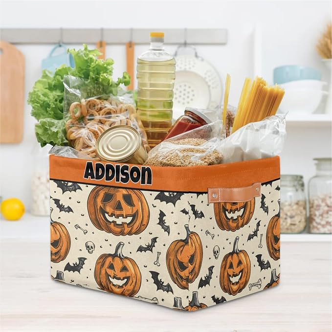 Custom Name Storage Basket Happy Halloween Pumpkin Bat Storage Box Bins Organizing Kids Pets Toys Closet Shelf Clothes Books