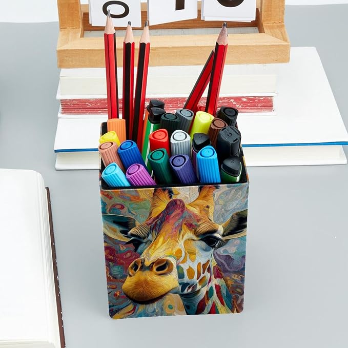 Giraffe Pen Holder for Desk Decor, Rectangular PVC Leather Pencil Cup for Desk Pen Organizer, Makeup Brush Holder for School, Home, Office