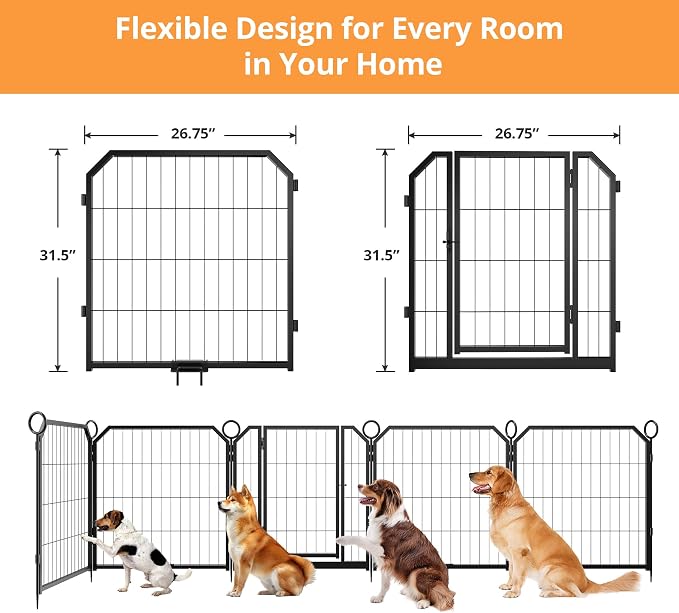 Steel Dog Playpen with Lockable Door & Ground Stakes, 32”H 16 Panels Puppy Playpen, Foldable Dog Fence for Indoors/Outdoor/Yard/RV/Camping