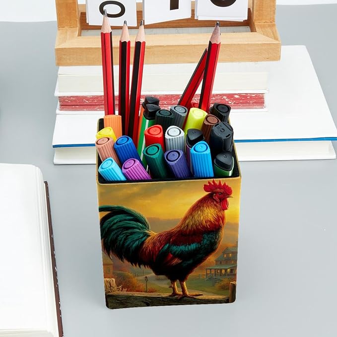 Rooster Pen Holder for Desk Decor, Rectangular PVC Leather Pencil Cup for Desk Pen Organizer, Makeup Brush Holder for School, Home, Office