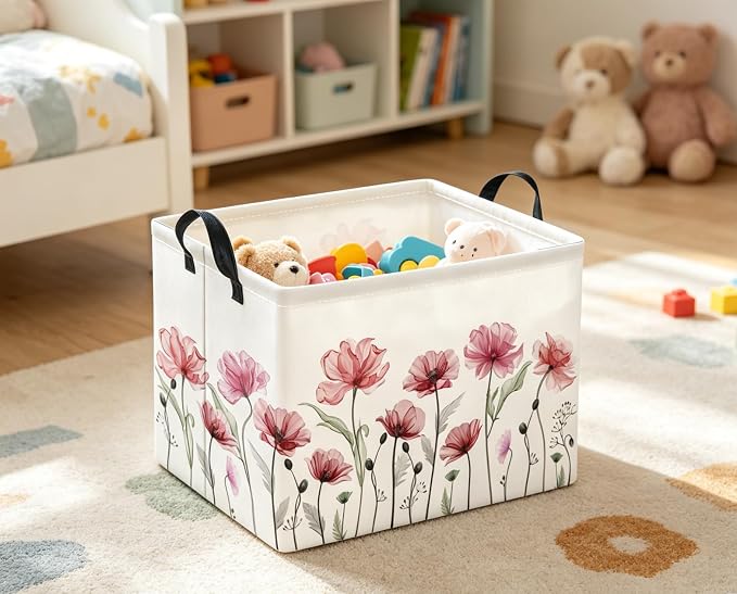 Rectangular Valentines Basket for Women Girls Storage Bin Organizer Box Shelf Room Decor(Silk Flower)