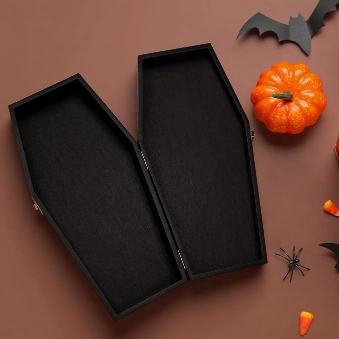 SiliFine 1 Pcs 12 Inch Halloween Coffin Box Black Painted Wood Casket Decor | Suitable Size for Halloween Decor, Fillable Hinged Jewelry Box, Party Favor, Goth Decoration, Pet Casket, Mini Black Coffin