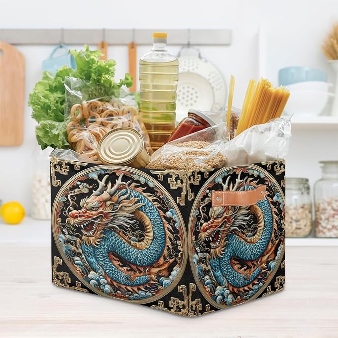 Pardick Dragon Basket Storage Bins Rectangle Canvas Basket Cube Storage Box | Nursery Foldable Basket with Handle for Kids Girls Boys Toys Living Room Closet Organizer Shelf Gifts Blue Gold