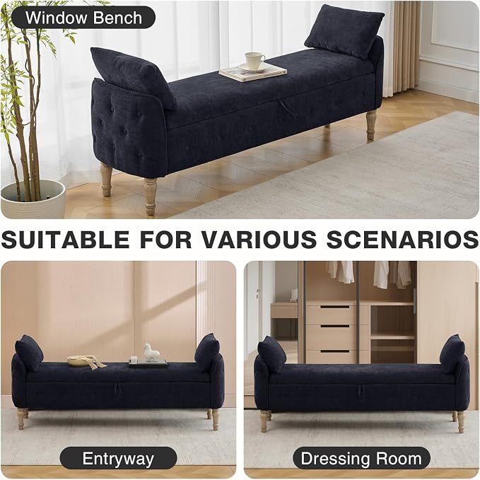 67"End of Bed Storage Bench King Size,Upholstered Bedroom Bench,Black | Linen Storage Bench for Bedroom End of Bed ,2 Cushion, Vintage Wood Legs ,Tufted,Storage Ottoman Bench for Entryway Window