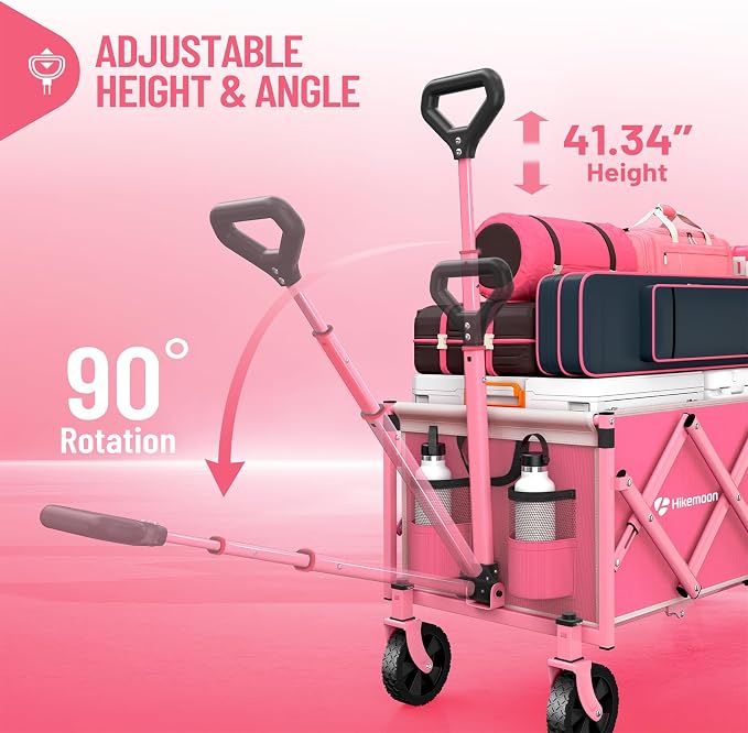 43'' Extra Long Folding Wagon with Extended Tailgate, Pink | Wagons Carts Foldable, 360LBS Heavy Duty, Compact Portable, Utility Collapsible for Shopping/Beach/Garden/Camping/Sports