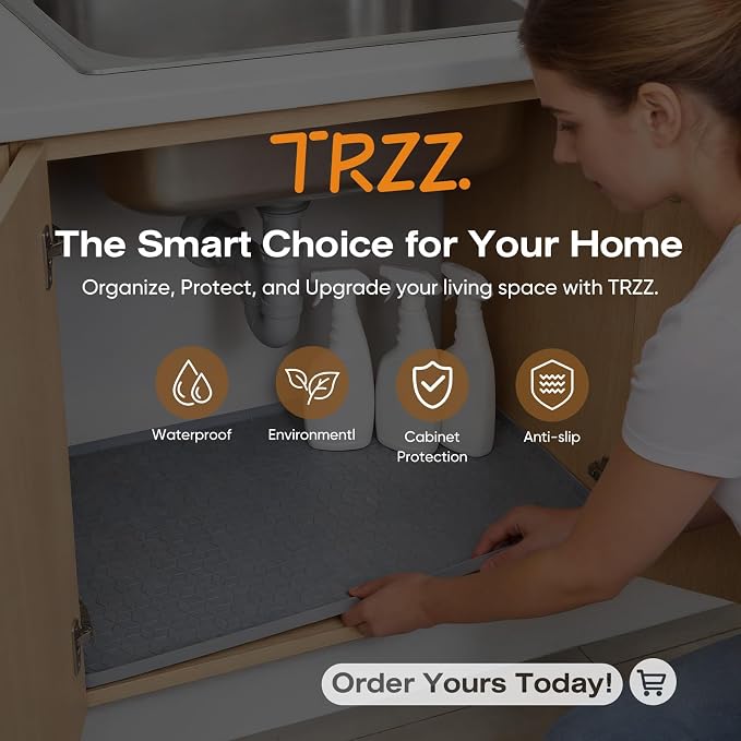 TRZZ Waterproof Under Sink Mat, 28"x19", Drip Tray Shelf Liner, Light Grey | Silicone, Cabinet Protector, Home Organizer, for Kitchen, Bathroom, Multipurpose, Easy Clean, Leak Proof, Organizes Cabinets