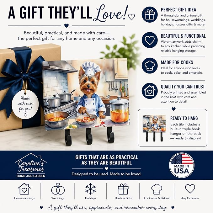 Caroline's Treasures Silky Terrier The Chef Leash or Key Holder Wall Hooks, Key Hooks Holder, Coat Rack Wall Mount, Coat Hooks, Hooks for Hanging Keys, Towels, Aprons, Leashes | Silky Terrier The Chef artwork on ceramic tile with three steel hooks for ...