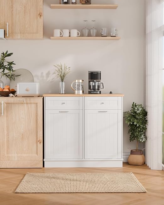 Betterhood Double Tilt Out Trash Cabinet with Power Outlet & USB, Hidden Garbage Can Holder with 2 Storage Drawers, Wooden Laundry Hamper for Kitchen, Bathroom, Living Room, White