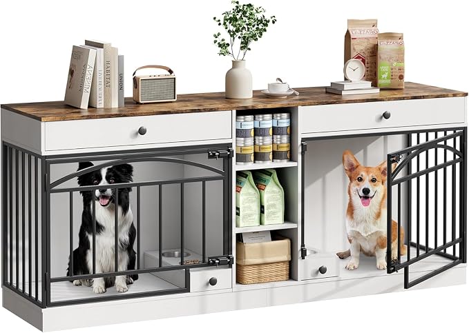 Dog Crate Furniture for 2 Dogs, Double Dog Crate TV Stand, White | 78.7'' Large Dog Kennel Indoor, 2 Storage Drawers, 3 Shelves and Feeding Bowls, Pet Kennel for Small and Medium Dogs