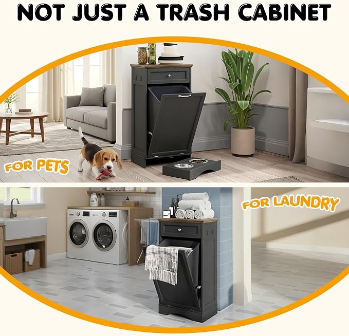 Tilt Out Trash Can Cabinet with Dog Bowl, 10 Gallons Dog Feeding Station with Storage, Dog Food Cabinet with Hideaway Drawer for Kitchen, Living Room,Laundry Room