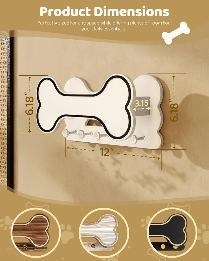 MTERSN Dog Leash Holder for Wall for Apartment Essentials, Black & White | Chic 3D Puppy Paw Hooks for Dog Leash, Doggie Bone Shape, Key Holder for Wall with 5 Hooks, Dog Stuff Storage Shelf