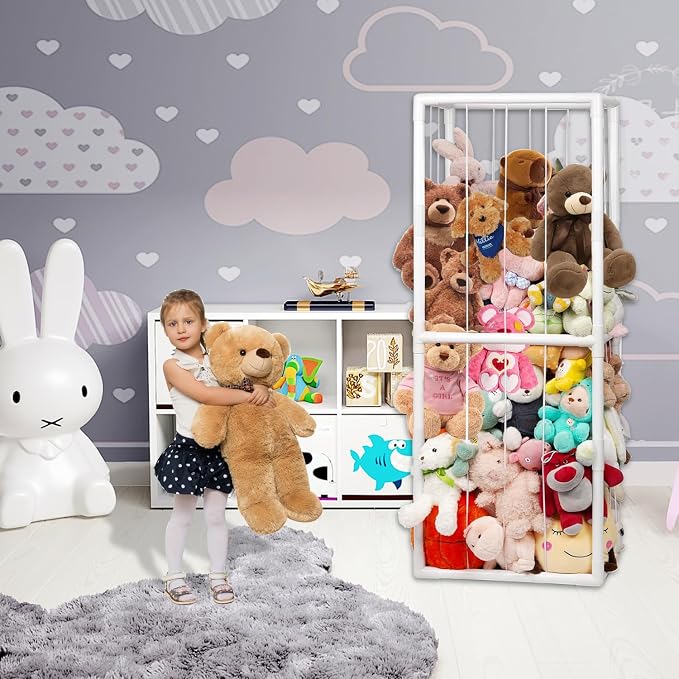 Stuffed Animal Storage, Kids Toy Zoo Storage Organizer with Elastic Band, Thicken PVC Tube Large Stuffed Animals Holder for Nursery Playroom Bedroom Room Furniture Plush Storage(White)