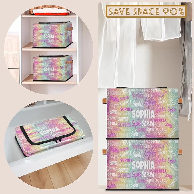 Personalized Storage Bins with Zipper Lid, Customized Name Storage Basket Rectangle Clothes Organizer for Kids and Pets Toys Shelf Closet, Colorful Bling Sequins Glitters Pink and Yellow