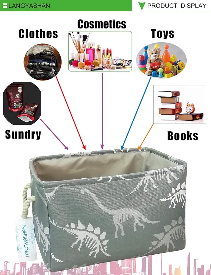 Rectangular Thick Storage Bin Household for Closet Kitchen Office Dinosaur | Foldable Space Saving Canvas Fabric Laundry Hamper with Handles Organizer for Boys Girls Bedroom Shelf Gifts Baskets