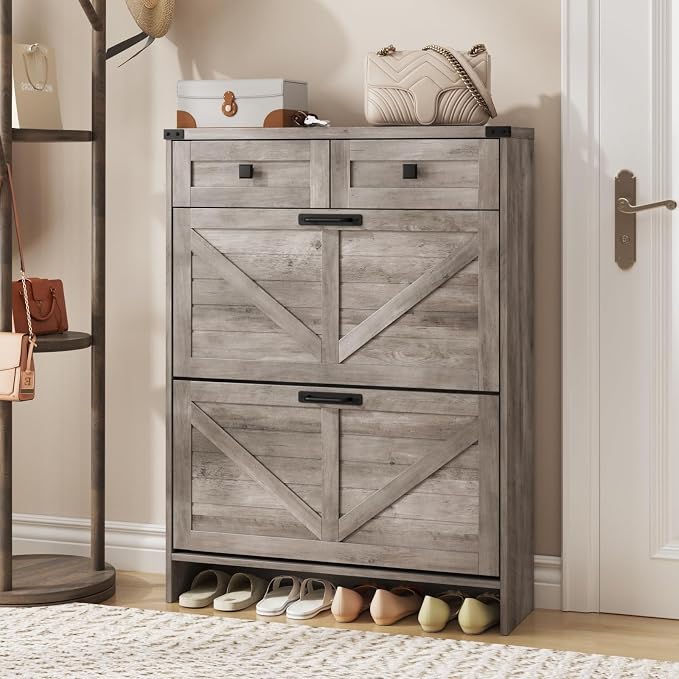 Halitaa Shoe Cabinet with 2 Flip Drawers & 2 Drawers,Farmhouse Shoe Storage Cabinet for Entryway,Slim Freestanding Narrow Organizer Rack for Front Door Entrance,Grey