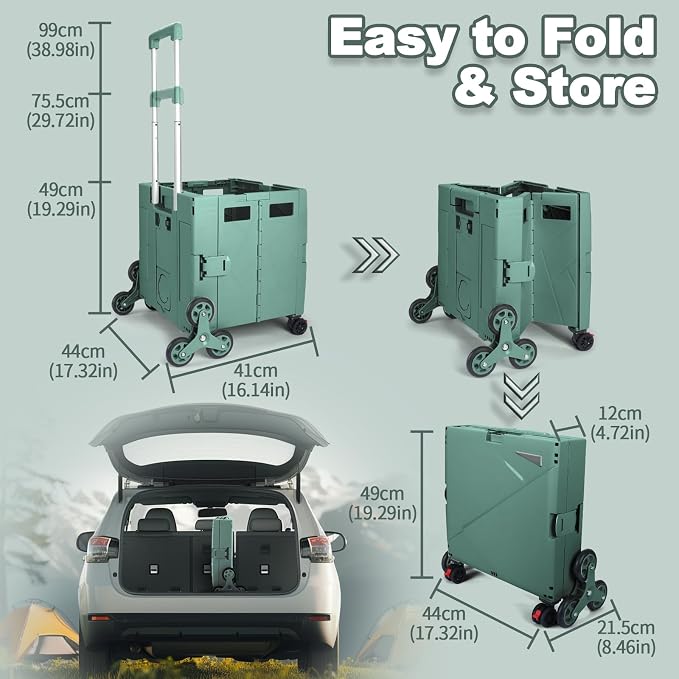 76L Folding Utility Cart Portable Rolling Crate Handcart Shopping Collapsible Tool Box with Stair Climbing Wheels,Hidden Lid,2 Rotate Wheels,for Grocery,Shopping,Office,Storage(Dark Green)