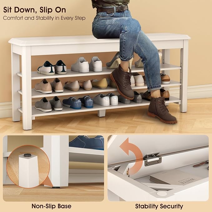 IUNVR Shoe Rack Bench Seat Rubberwood 3-Tier Wooden Storage Bench 550lbs Compact Mid-Century Modern Design for Entryway, Hallway, Closet, Front Door Entrance, Foyer