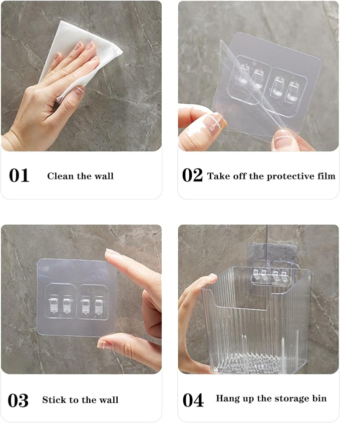 Lae Nuvole Clear Adhesive Wall Organizer Bins, Cabinet Door Storage, 4 Pack | 8 adhesive pads, No Drill, PET, stackable, space-saving; renter friendly, for Bathroom, Kitchen, Pantry, RV, Dorm, Office