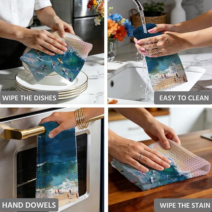 2PCS Coastal Surf Beach Summer Decor Dish Towels 16x24 Inch, Absorbent Microfiber Decorative Dish Cloth Tea Towel, Surf Ocean Beachy Bathroom Room Decor Aesthetic, Housewarming Gifts for Women Men