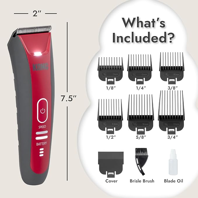 Kong 2-Speed Cordless-Corded Dog Clipper Kit – Stainless Steel Blade, Waterproof, LED Spotlight, Use-While-Charging, 6 Guide Combs, Ergonomic Handle – Red/Gray, Medium Coat Types