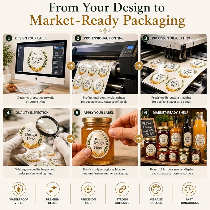 Custom Food Packaging Labels - Product Waterproof Vinyl Stickers | or Coffee Bags, Tea Pouches, Spice Jars, Snack Bags, Cookie Boxes, Food Containers, Glossy Custom Product Labels