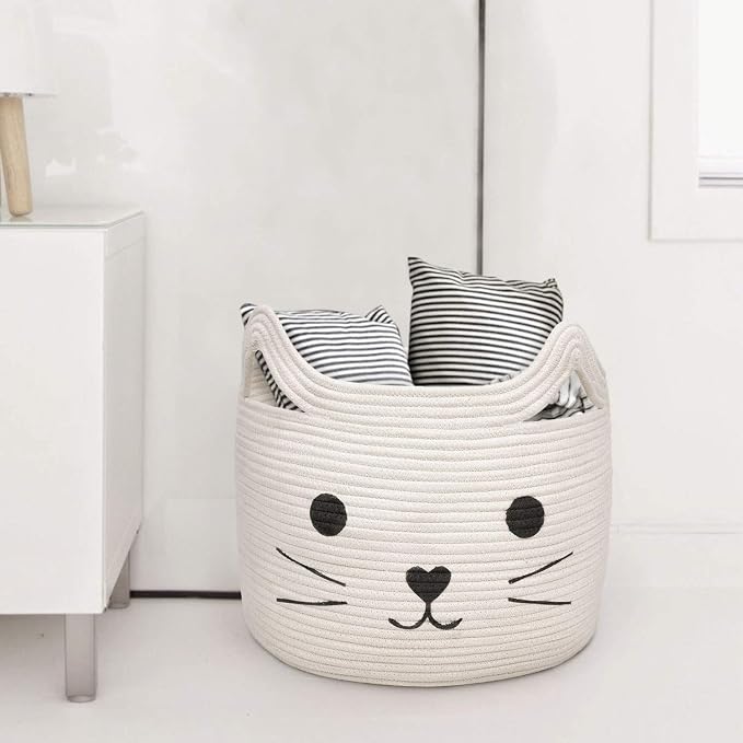 Large Woven Rope Cat Toy Basket with Cat Face Design, White | 15.7" x 11.8" Toy Bin & Box for Living Room Nursery, Baby Storage Basket for Towels, Blankets, with Sturdy Handles