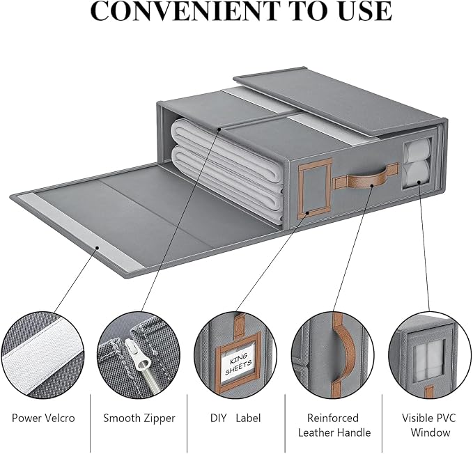 8 Pack Bed Sheets Organizers And Storage,Sheets Set Folder Keeper with Handle,Foldable Bedding Storage Box For Linen Closet,Duvet Cover(King Size-3.7 Gal,Gray)