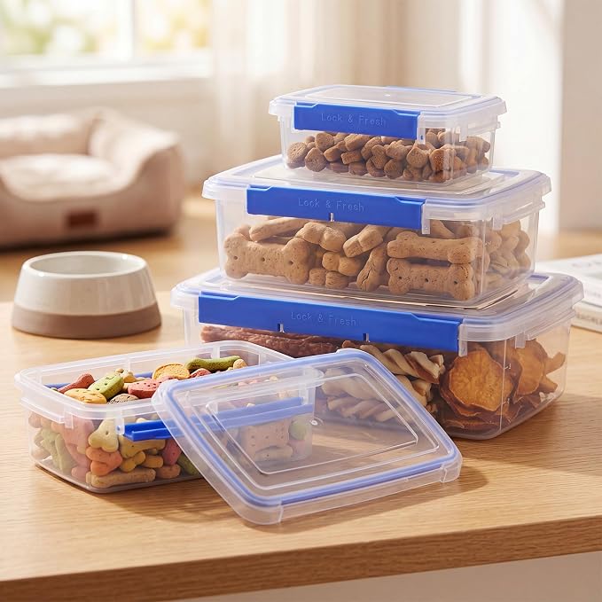 Mifoci 4 Pcs Airtight Dog Treat Container Pet Food Storage with Lids | 1.3-8.2 Qt Plastic Pet Treats Storage Bins Stackable Airtight Dry Food Container Set in 4 Sizes for Biscuits Snacks
