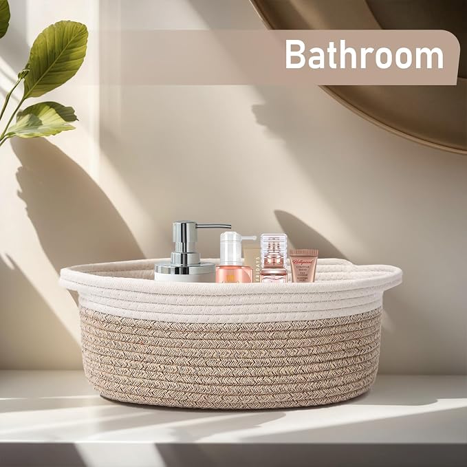 JMvicyroam Small Woven Basket, Empty Gift Basket, White&Oatmeal/3 Pack | Small Gift Basket, Cotton Rope, 12 x 8 x 74 in, Handles, Includes Ribbon and Bag, Birthday Gift Basket