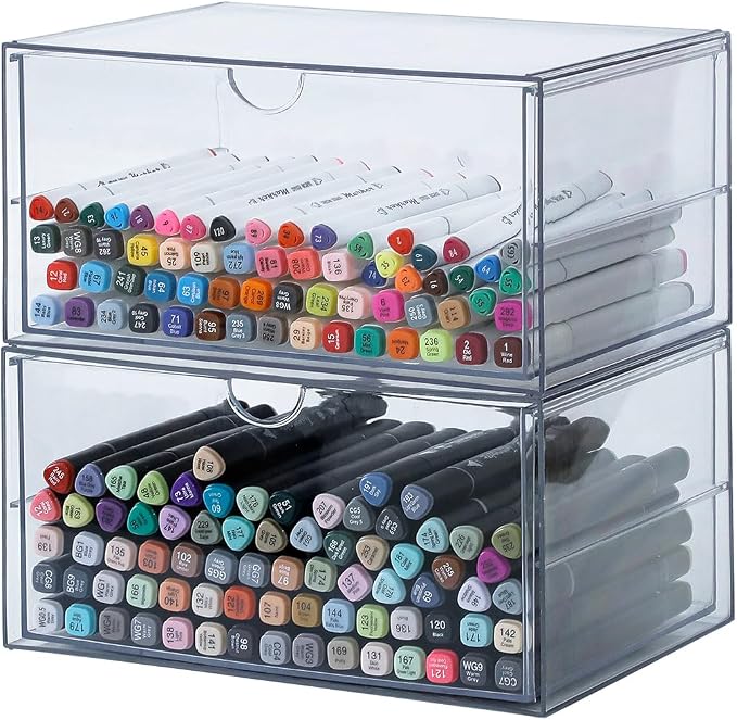 Clear Plastic Drawer Organizer, 2 Pack, 2 Drawers | Stackable, For Office Supplies, For Marker Pen, For Art Crafts & Stationery, For Coffee Pods