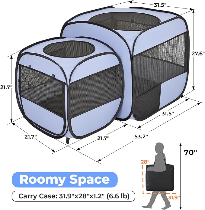2-in-1 Portable Cat Playpen, Detachable into 2 Separate Cages with Additional 2 Doors, Pop up Pet Play Pen Cat Tent House, Foldable Puppy Enclosure Kitten Crates Indoors Outdoor(Grey)