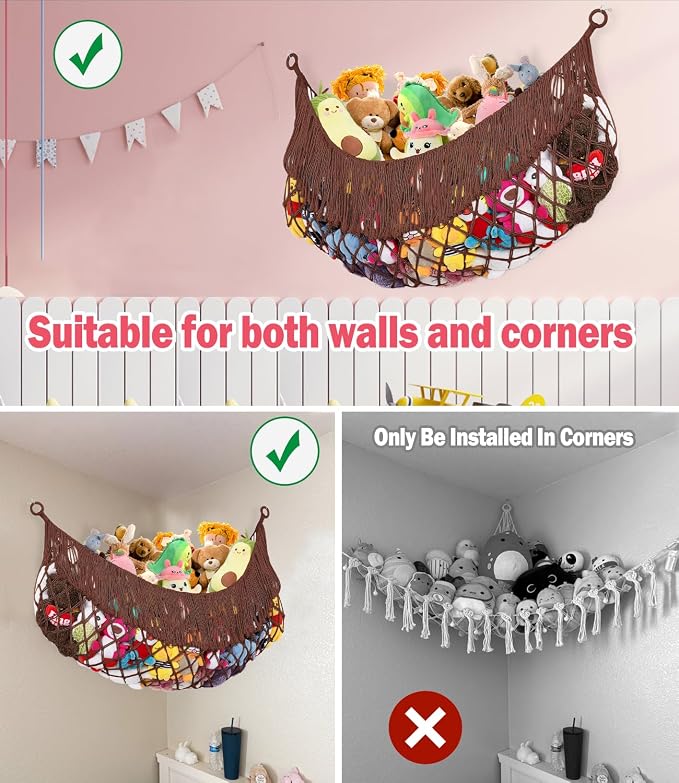 Stuffed Animal Hammock - Extra Large 63'' Long (Chocolate color) | Premium Cotton Hand-knitted, Beautiful Long Tassel, Storage Hanging Organizer, Can Fit Stuffed Animals 40 Piece or More