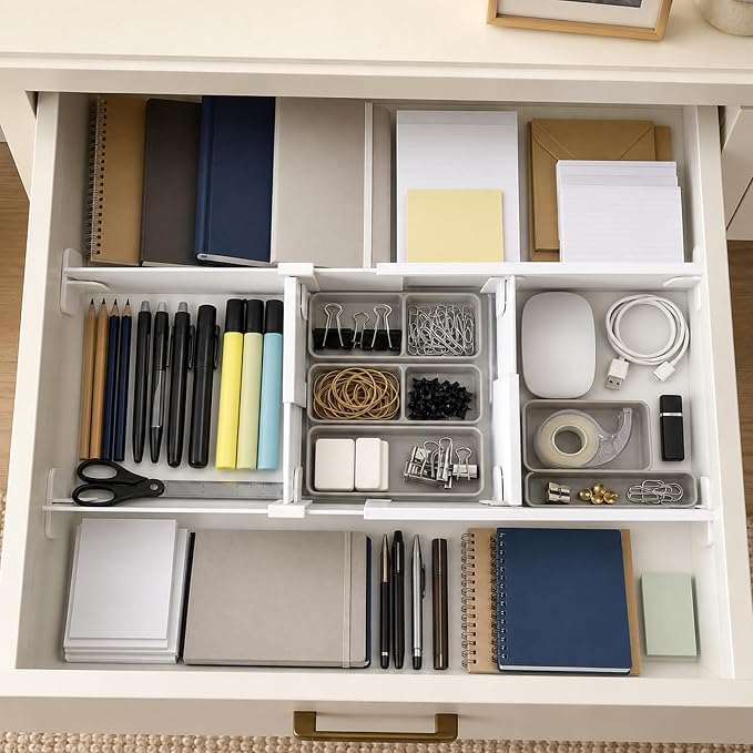 Adjustable Drawer Dividers for Small & Junk Drawers - Standard Kit | Double set + 2 extra panels; slim interlocking grid for vanity, desk & bathroom; 3D guide shows where pieces go; tool-free