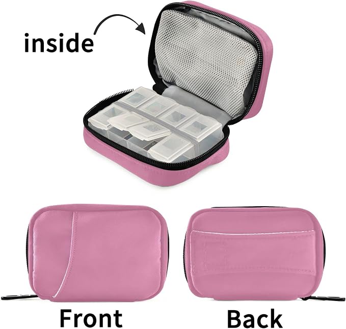 Pill Box 7 Day Pill Case Travel Pill Organizer Bag with Zipper Portable Weekly Case Compact Size for Vitamin Supplement Holder, Solid Color Pink