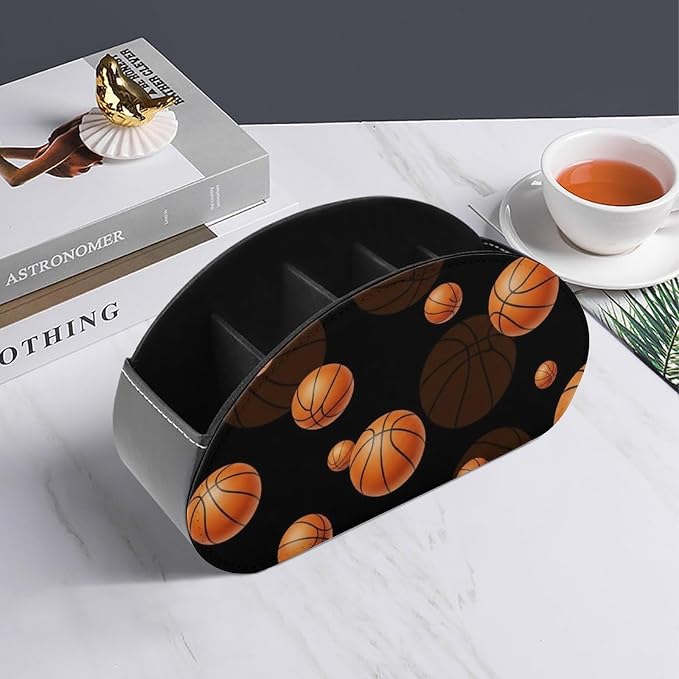Remote Control Holder Black Basketball Sport 5 Compartment Table Organizer | PU Leather Desktop Caddy Box, Black Basketball Sport, Fit for Media Player, Stationery, Home Office Accessories