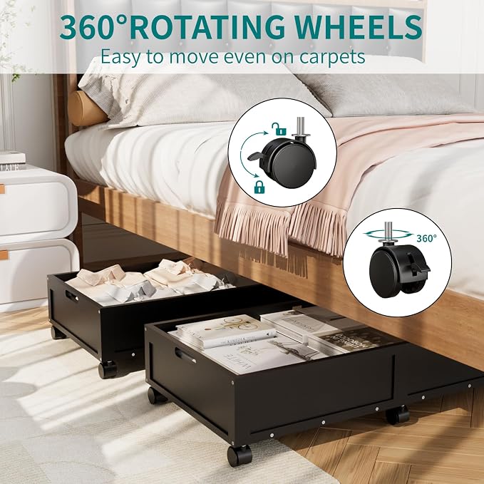Wood Under Bed Storage Containers Underbed Organizer with Wheels with Large Capacity Dust Bag,Sturdy Wood Rolling Under Bed Shoe Storage Organizer 2 Packs (Walnut, Tall) (Black, Large)
