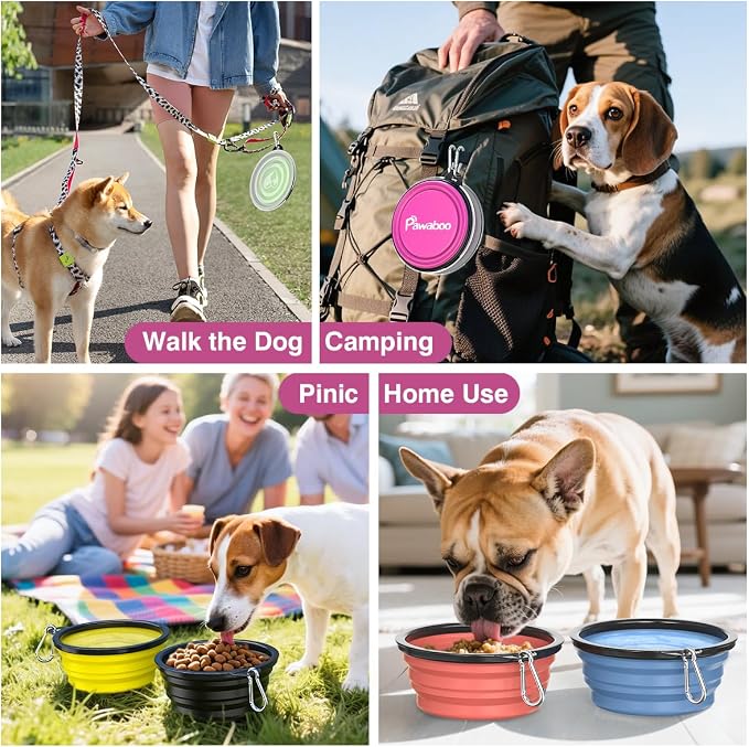 Pawaboo Collapsible Travel Dog Bowls 2 Pack with Lids&Carabiners Silicone | Feeding Watering Bowls for Dogs Cats, Collapsable Water Feeder Food Bowl for Walking Traveling Home Use,Pink + Purple