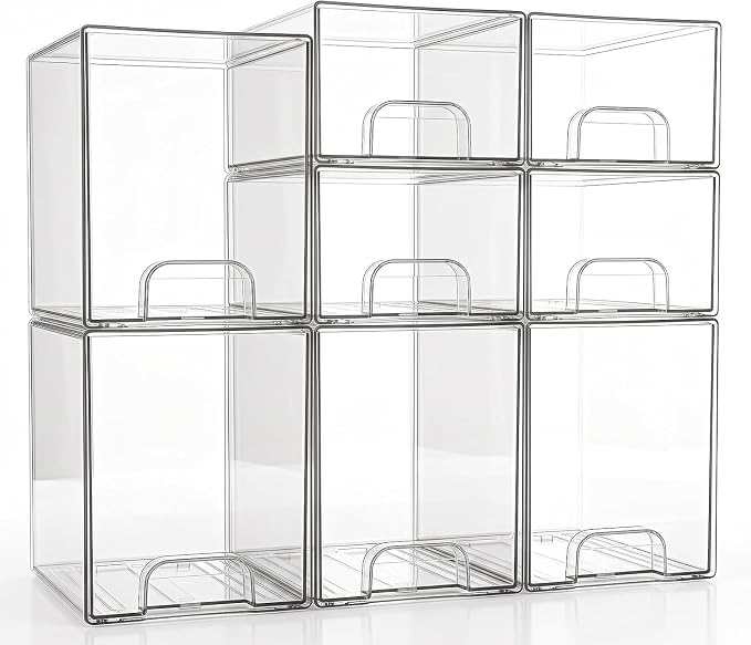 Clear Stackable Storage Drawers: Acrylic Organizer Bins 8 Pack | for Baby Bottle makeup Ideal for Countertop, Vanity, Station, Bathroom, Kichen Cabinet Pantry Organization