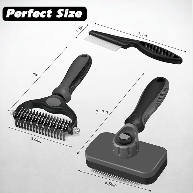 3PCS Self Cleaning Slicker Brush & Pet Grooming Rake & Flea Comb for Dogs,Cats and Horses | Double-Sided Dematting Comb & Skin Friendly Deshedding Grooming Tool | Premium Pet Supplies(Gray)