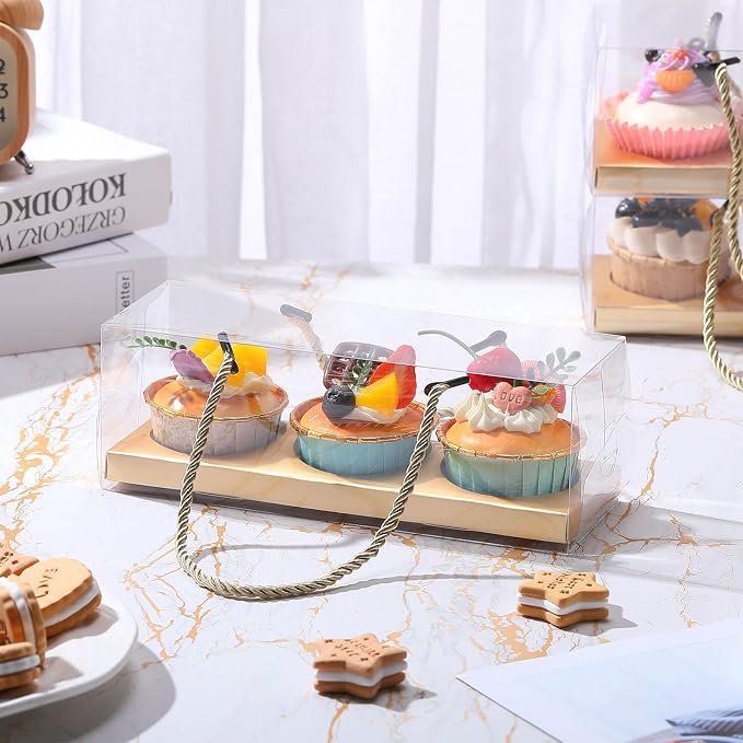 Thenshop 40 Pcs Clear Cupcake Boxes 9x3x3 in 3 Compartment Holder,Gold | Transparent Holders with Handles, Individual Pastry Display for Wedding Graduation Party Favors Cookies Treats Gifts