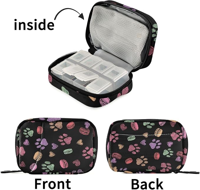 Fustylead Colorful Doodle Cute Paw Print Travel Pill Organizer Case Zipper for Purse with Removable Weekly Pill Box for Medicine, Vitamin, Supplement Medicine Organizer