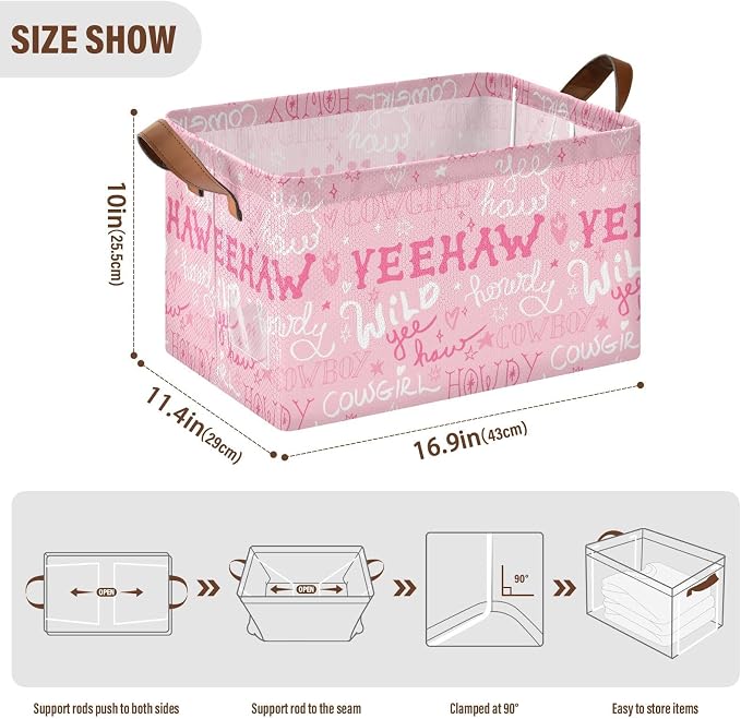 Howdy Cowgirl Quoted Pink Western Storage Basket Foldable Cube Storage Bins with Handles&Labels Waterproof Collapsible Organizer Box Bin Large Rectangle Decorative Baskets for Shelves Home Living Room