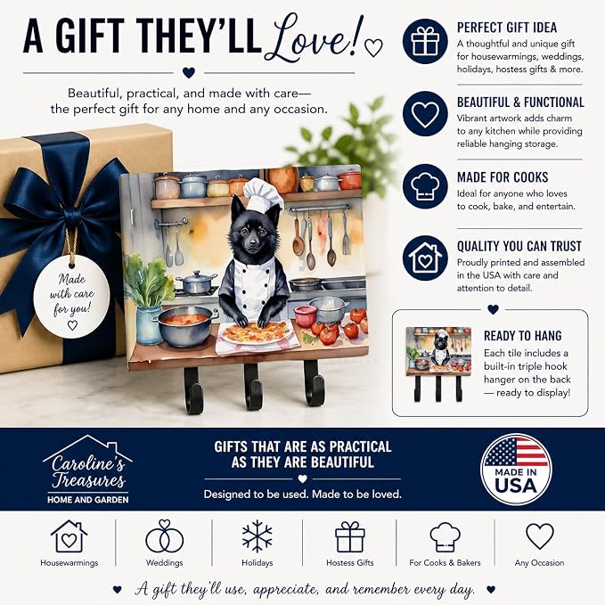Caroline's Treasures Schipperke The Chef Leash or Key Holder Wall Hooks, Key Hooks Holder, Coat Rack Wall Mount, Coat Hooks, Hooks for Hanging Keys, Towels, Aprons, Leashes | Schipperke The Chef artwork on ceramic tile with three steel hooks for keys, ...