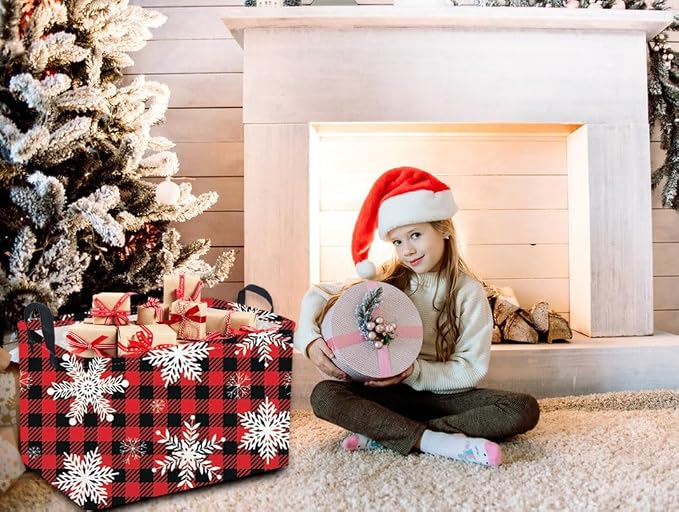 Rectangular Christmas Baskets,Snowflakes Basket Empty,Waterproof PE Coating Cute Bins for Kids with Handles,Gifts Baskets,Books Bin. (Red snowflakes)
