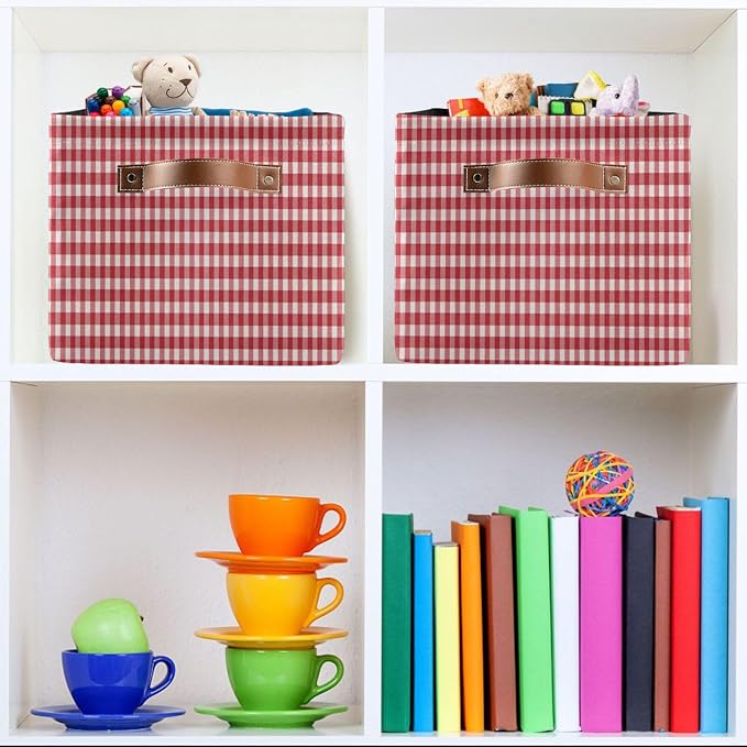Kigai Red White Gingham Storage Basket with Handles Waterproof Collapsible Storage Bin Canvas Fabric Basket Decorative Box Closet Organizer for Nursery Bedroom Office
