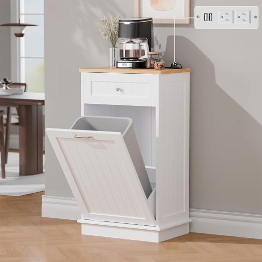 Betterhood Single Tilt Out Trash Cabinet with Power Outlet, Wooden Hidden Garbage Can Holder with a Big Storage Drawers for Kitchen, Living Room, Laundry, White