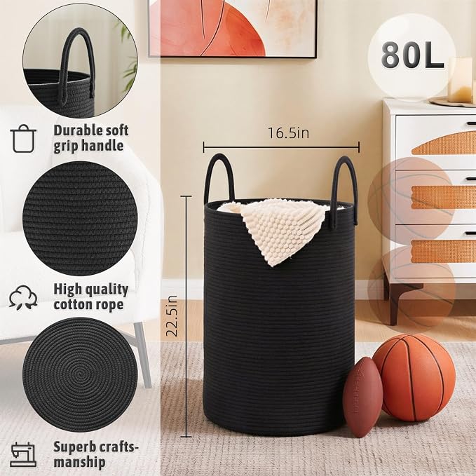 Artfeel Laundry Basket,Woven Cotton Rope Laundry Hamper,80L for Decorative Storage of Dirty Clothes,Toys and Blankets in Bathroom,Baby Room and Living Room