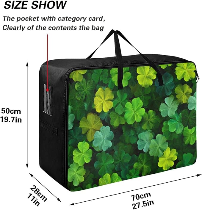 Comforter Storage Bags Large Folding Blanket Organizer Bag with Strong Handles Clear Window Closet Storage Containers for Clothes King Queen Pillows Bedding Quilt Duvet St Patrick Clovers Green