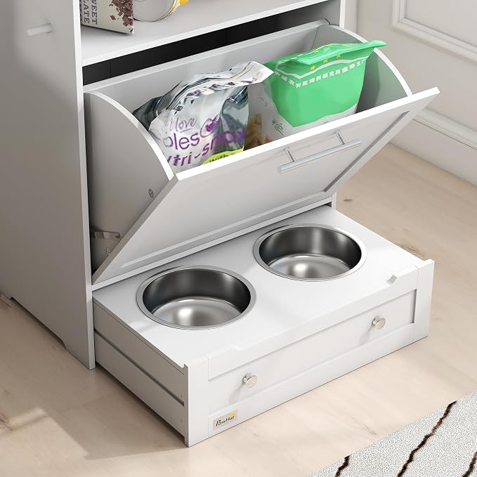 PawHut Dog Feeding Station with Raised Bowls, Pet Feeder Station, White | Dog Food Storage Cabinet, Hanger for Feeding & Watering Supplies