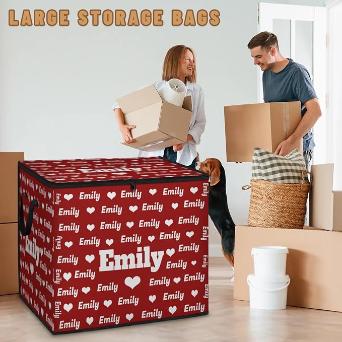 Personalized Name Foldable Storage Basket Cubes with Lid, Laundry Hamper Dirty Clothes Pet Toys Storage Bin with Handles for Shelf Home Closet Kitchen, Solid Red Background with Love Heart